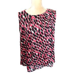 Pink black patterned sleeveless blouse sz L tucks at collar polyester career